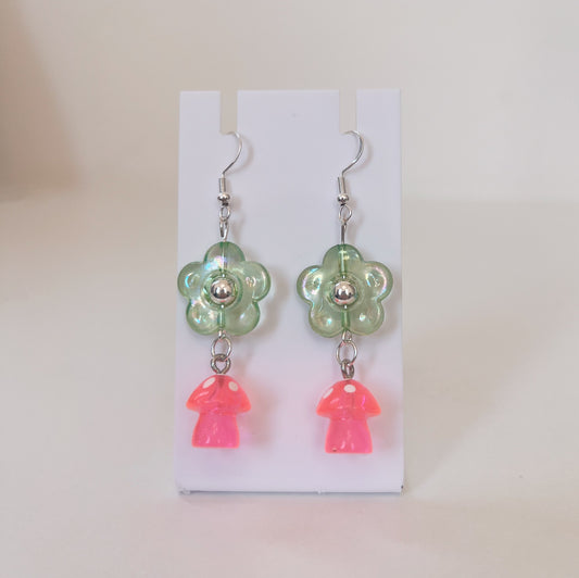 Green Flower Spinner Pink Toadstool Fidget Earrings